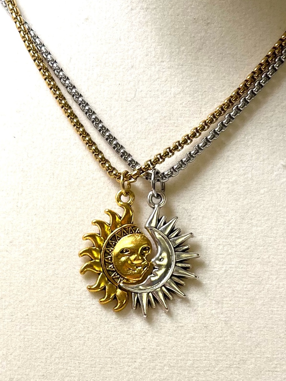 Celestial Sun & Moon Long Necklace Set – Gold & Silver Tone